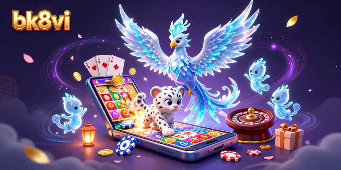 Spin the reels with bk8vi in this vibrant 3D illustration showcasing an ice phoenix and dynamic casino elements.