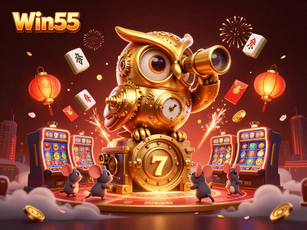 Win55 captures the excitement of casino gaming with vibrant slots and a whimsical casino scene.
