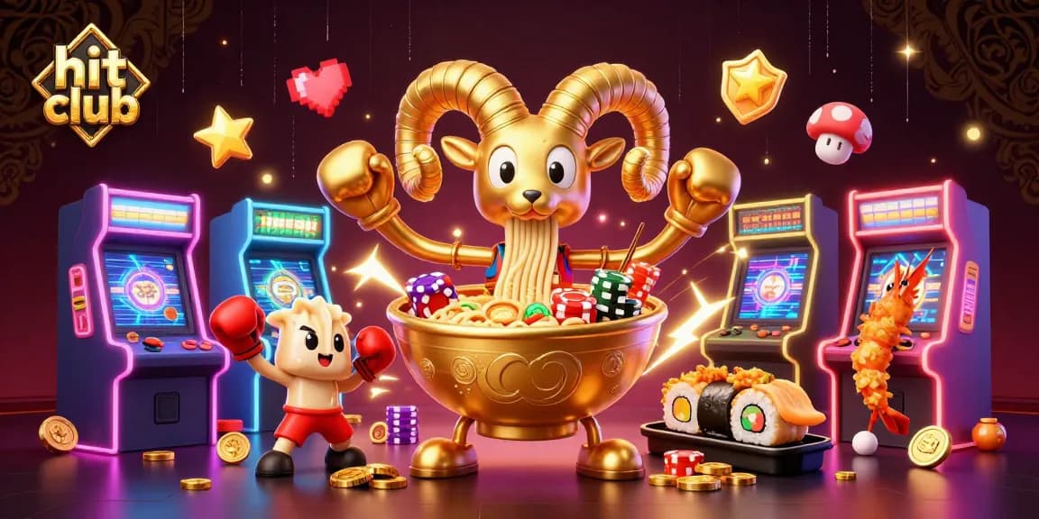Hit club showcases a playful 3D cartoon scene of casino elements blended with vibrant game visuals.