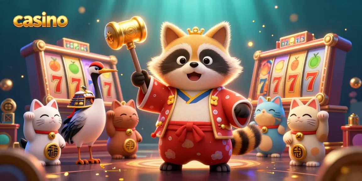 Engage in thrilling casino gameplay with a cheerful tanuki and lucky elements in a vibrant scene.