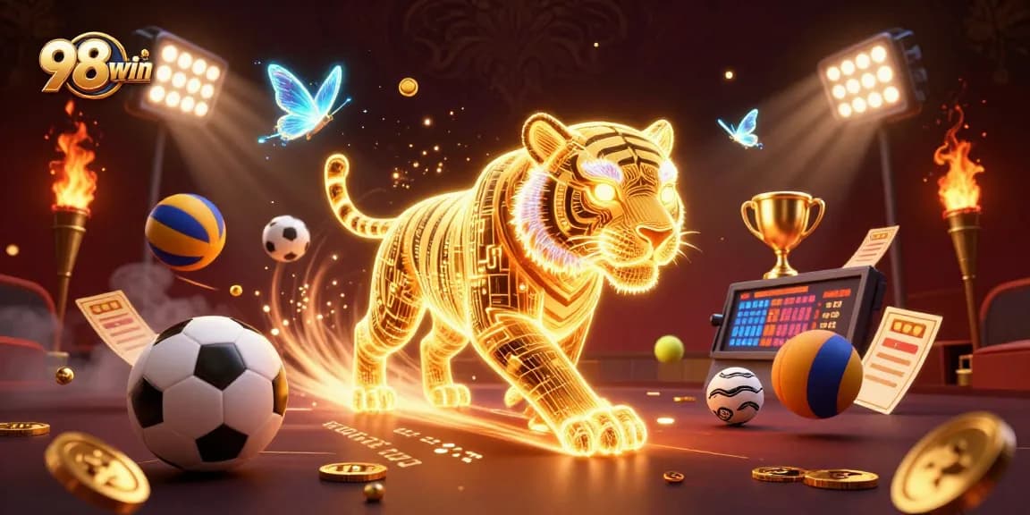 Experience the thrilling world of gambling with 98win's vibrant casino atmosphere featuring a dynamic golden tiger.