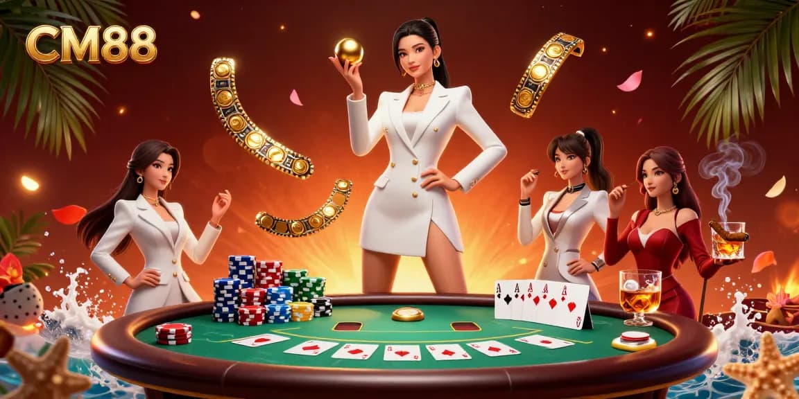 Experience the thrill at CM88 Casino with a stunning illustration of a confident dealer and vibrant poker action.