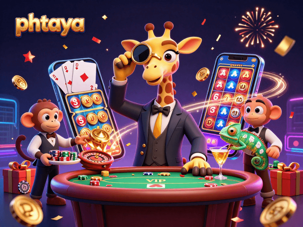 Phtaya casino delight with a high-roller giraffe, monkey valet, and chameleon bartender amidst vibrant gaming elements.