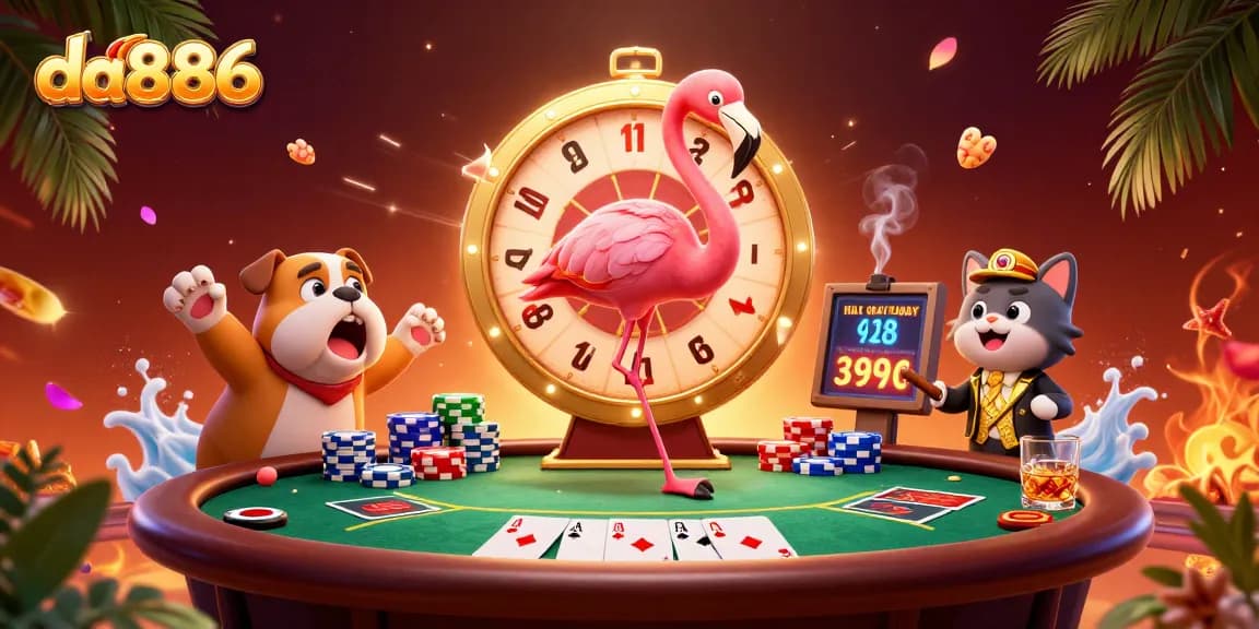 Experience thrilling action at da886 with a vibrant 3D gambling scene featuring poker elements and exciting characters.