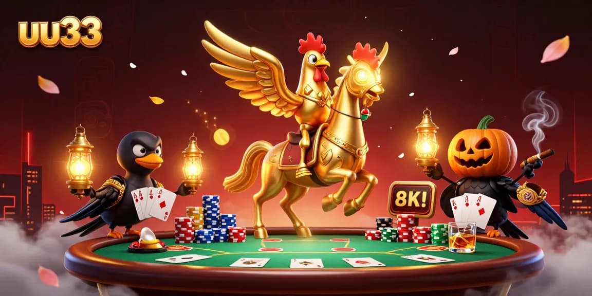 uu33 captures a thrilling poker scene with the golden rooster headless horseman amid chips and cards.