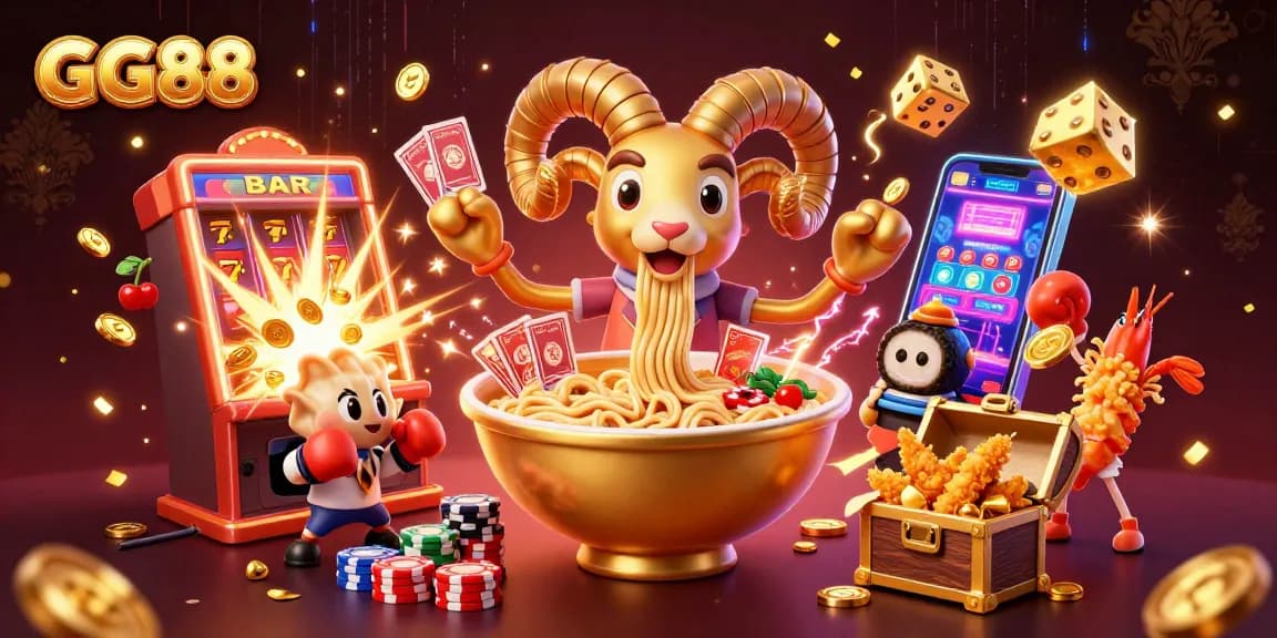 Experience the excitement of GG88 as a giant ramen bowl deals cards amidst a dynamic casino scene filled with jackpots.