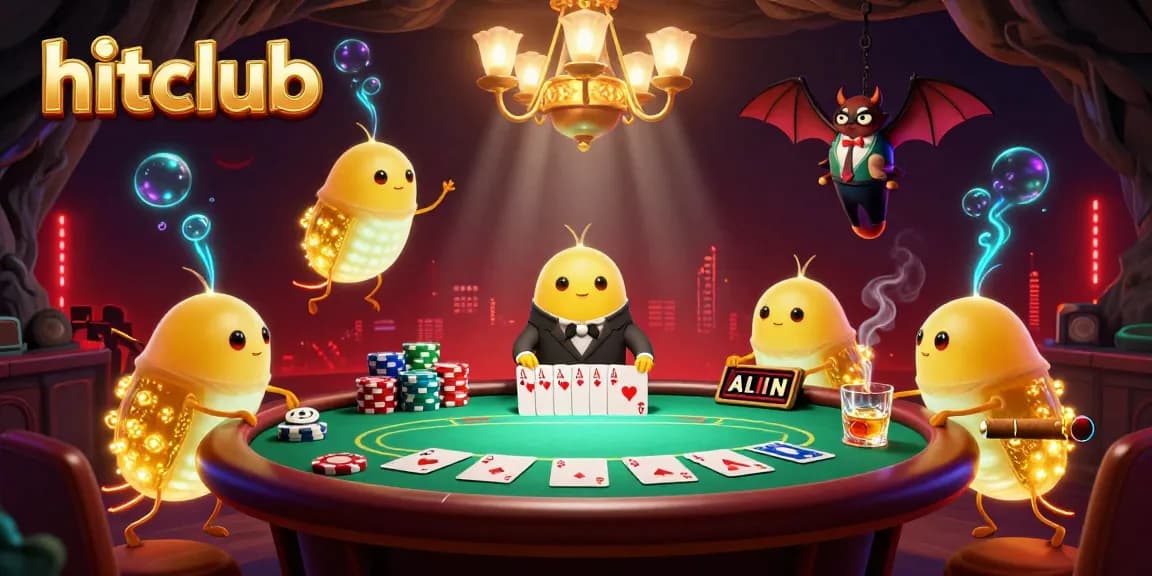 Experience the excitement at hitclub as glowworms illuminate a vibrant casino environment, featuring poker gameplay and rich details.