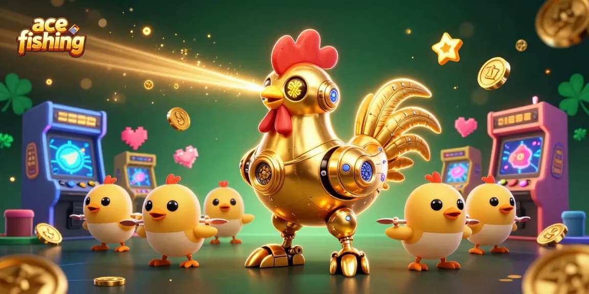 Engage in ace fishing with a powerful golden robot and baby chick drones, surrounded by arcade machines.