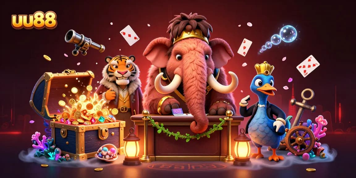 uu88 promotes excitement in a vibrant casino scene with characters and treasure elements.