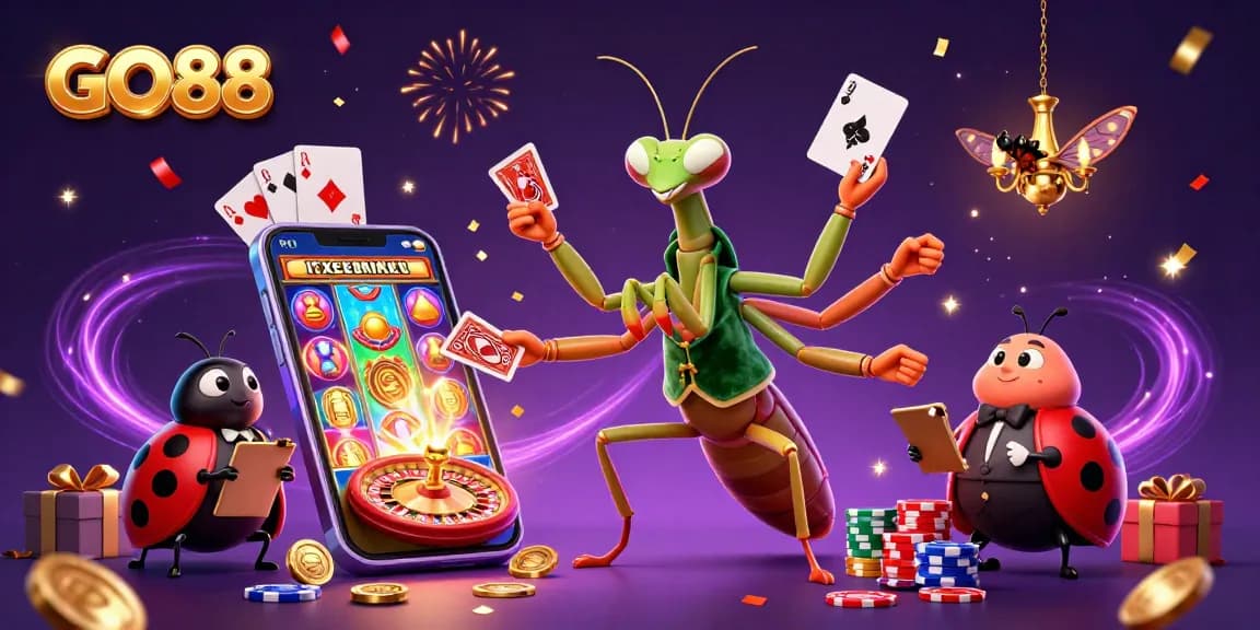 GO88 gaming illustration featuring a mantis card sharp and ladybug pit boss in a vibrant casino scene.