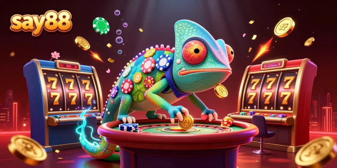 Experience the thrill of winning big at say88, with a vibrant 3D chameleon casino scene full of exciting gaming elements.