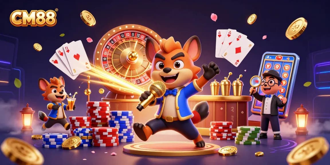 CM88 hyenas run a vibrant comedy casino scene featuring a stand-up comedian, bartender, and bouncer.