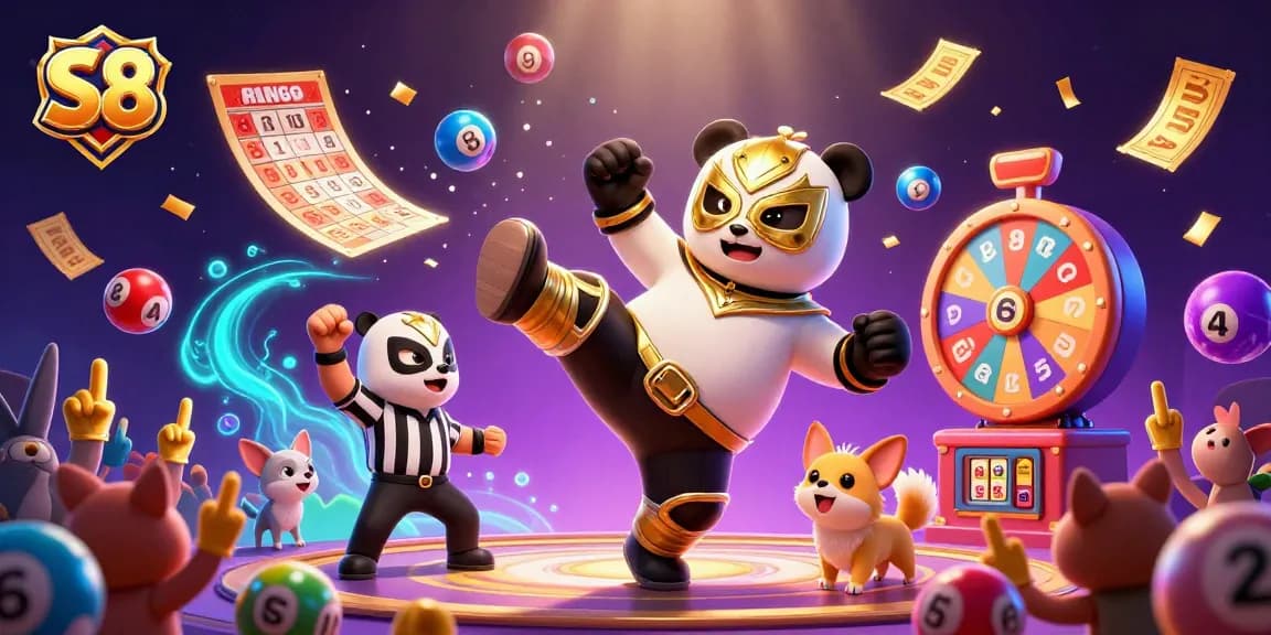 S8 showcases an exciting gambling scene with a panda wrestler and lively spectators engaging in lottery fun.