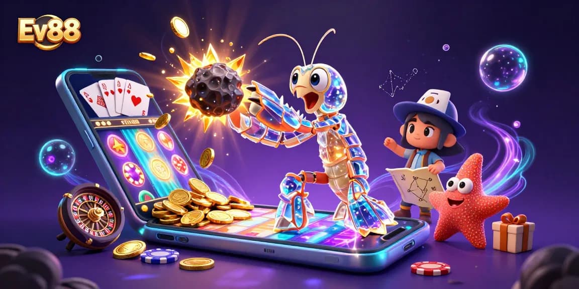 Engage with Ev88, featuring a vibrant casino scene with characters and gaming elements bursting with color and excitement.