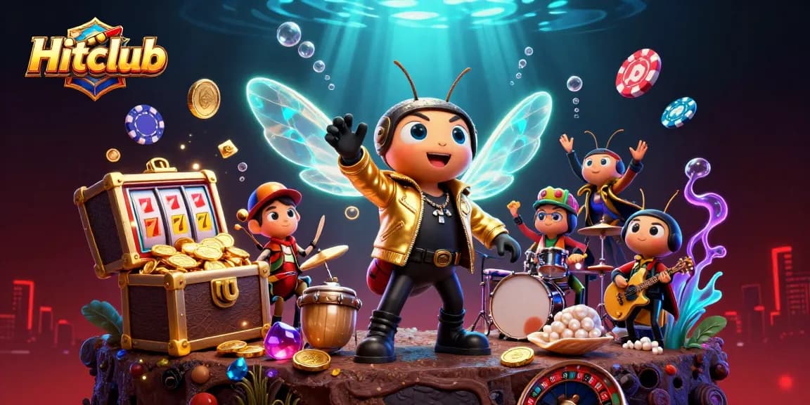 Hitclub casino scene showcases a vibrant 3D illustration of rock star characters enjoying gaming.