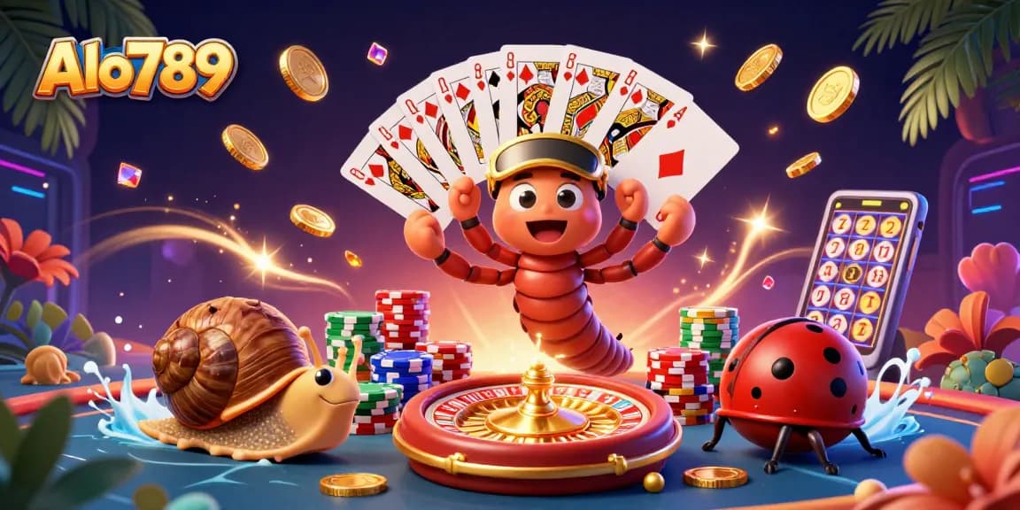 Alo789's exciting online gaming scene showcases a millipede dealer, snail high-roller, and thrilling game elements.