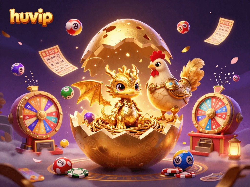 Experience the thrill of huvip with a dazzling illustration of a golden dragon and poker chips.