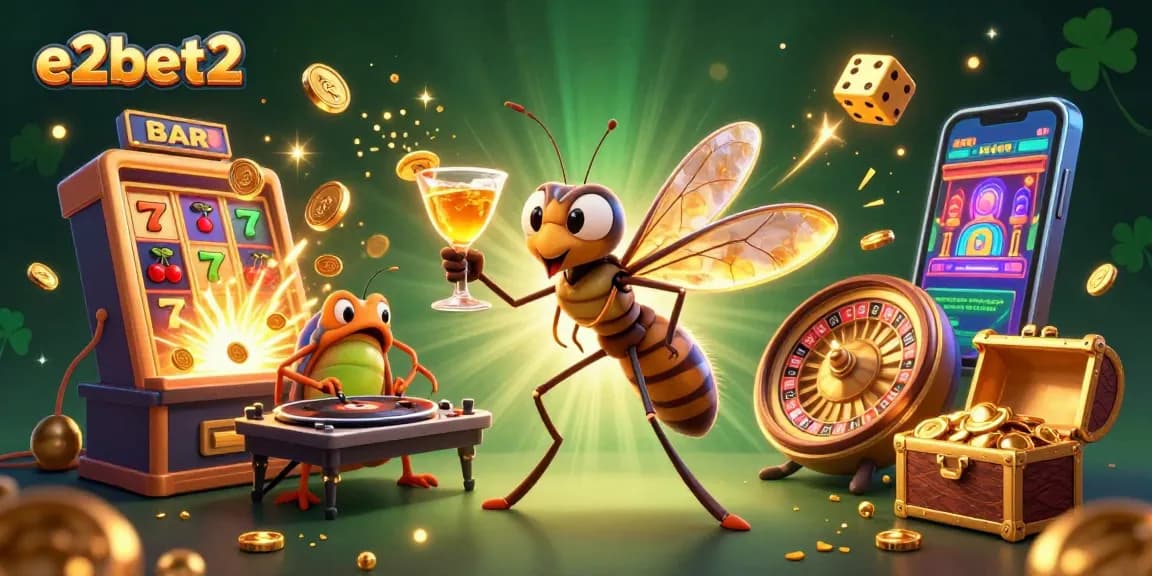 Engage with e2bet2 at this vivid 3D casino scene featuring a unique mosquito mascot and dynamic game elements.