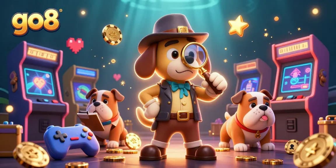 Play exciting games on go8 while a detective investigates treasures in a vibrant casino scene.