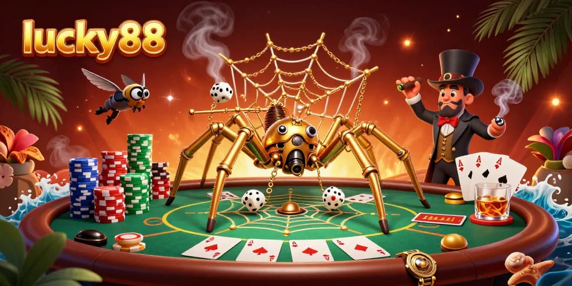 Engage in lucky88 gaming with a steampunk spider and poker elements in a vibrant casino scene.
