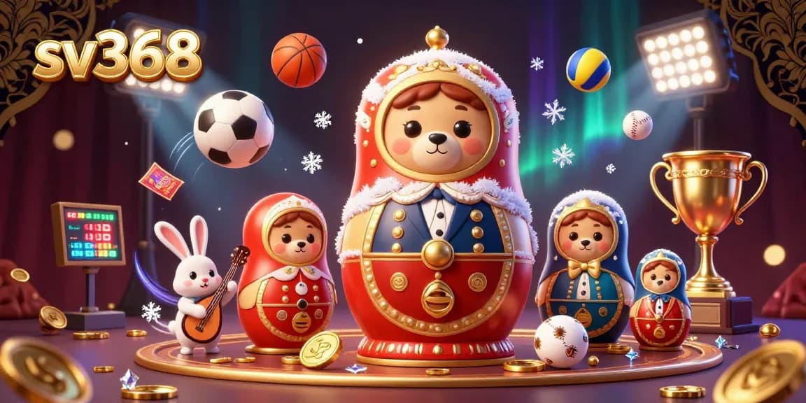Engage with sv368's vibrant casino scene featuring a Matryoshka bear and dynamic sports elements.