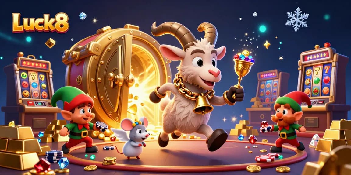 Experience the vibrant Luck8 casino scene with Krampus and holiday creatures stealing chips!