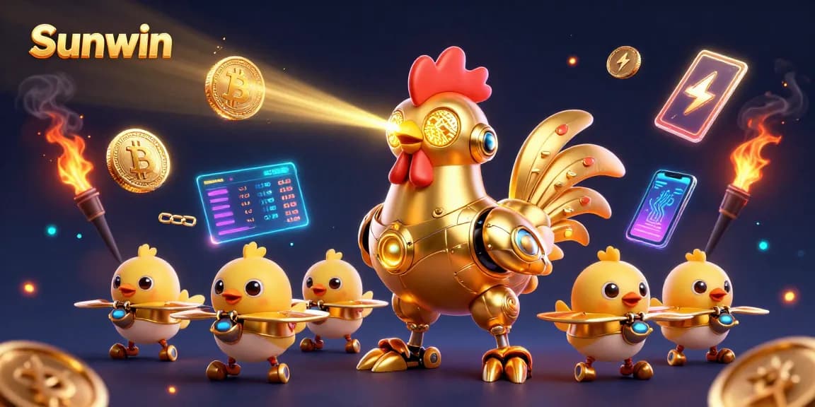 Engage in thrilling gameplay at Sunwin with our vibrant golden rooster robot and crypto elements.