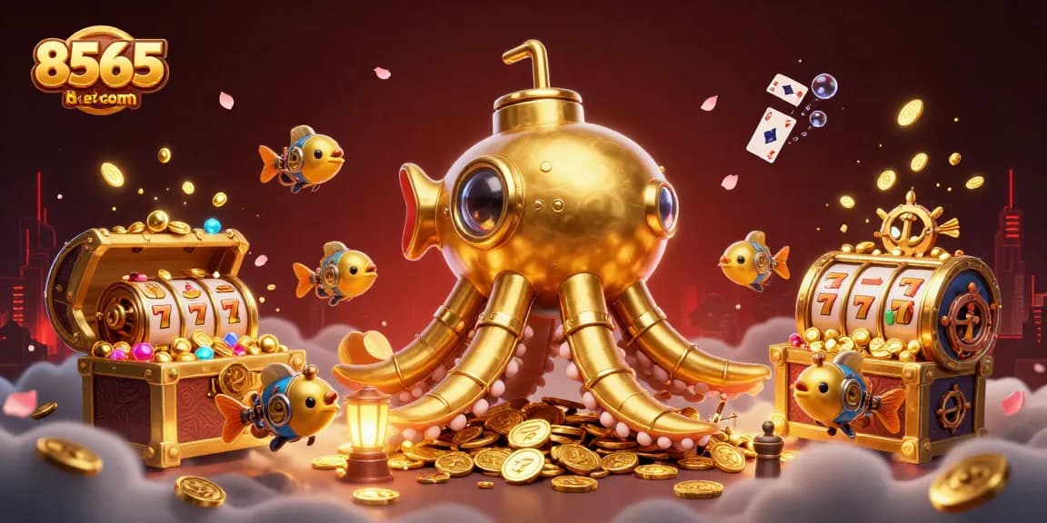 Ilustração em 3D do 8565bet com kraken dourado e peixes mecânicos em um mar de moedas, simbolizando diversão.