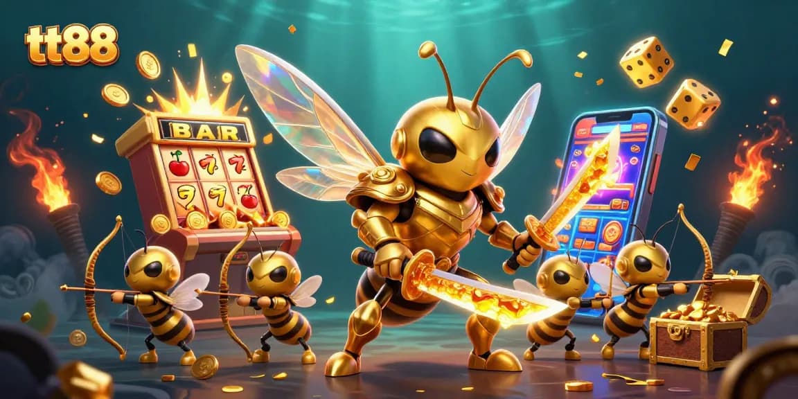 Win big at tt88 with a dynamic illustration of a golden hornet samurai and casino elements.