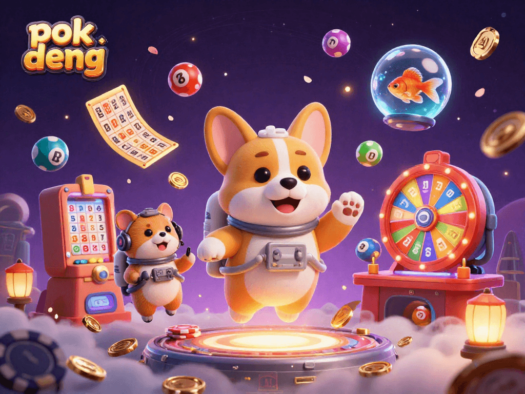 Experience the thrill of pok deng with animated characters in a space casino setting filled with colorful lottery elements.