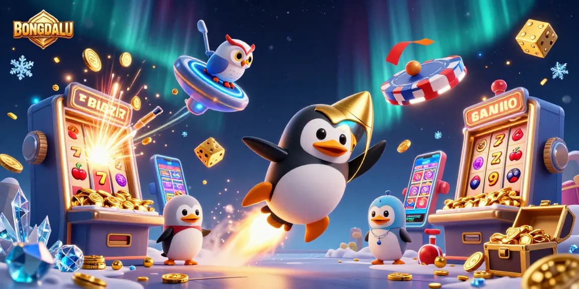 BONGDALU showcases a dynamic 3D penguin racing toward a colorful casino station amidst exploding jackpot coins.