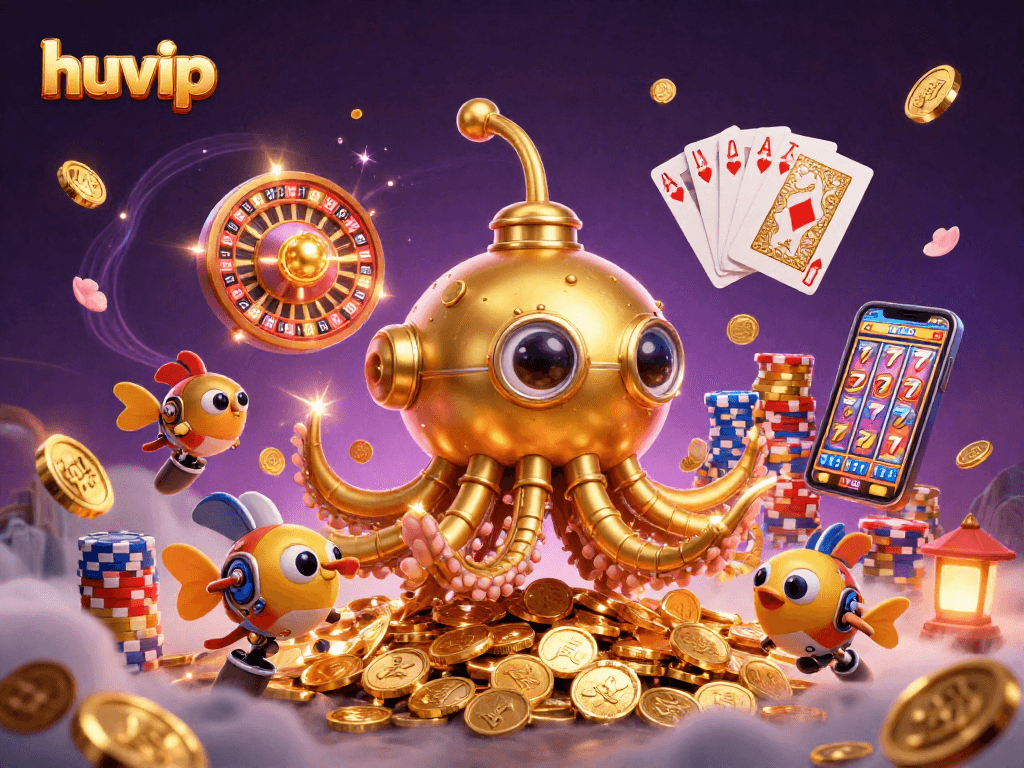 Experience the thrill of huvip with its golden kraken submarine and festive casino elements.