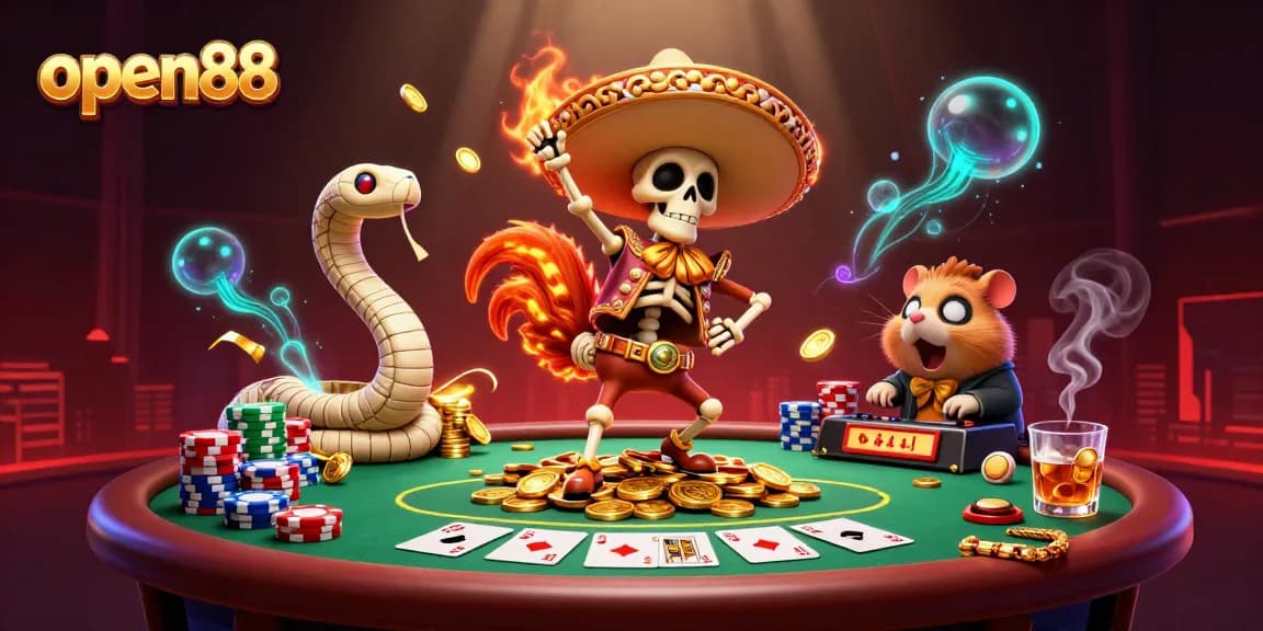 Engage with open88's vibrant casino experience featuring animated characters celebrating a big win with poker elements.