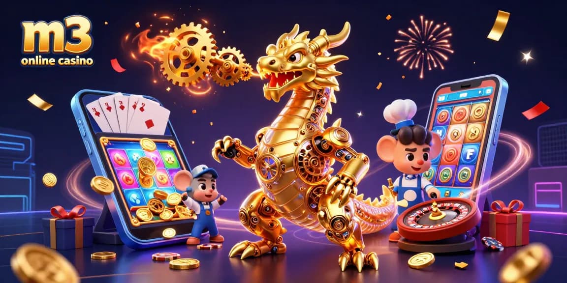 M3 online casino features a golden dragon and mouse engineer amidst dynamic gaming elements.