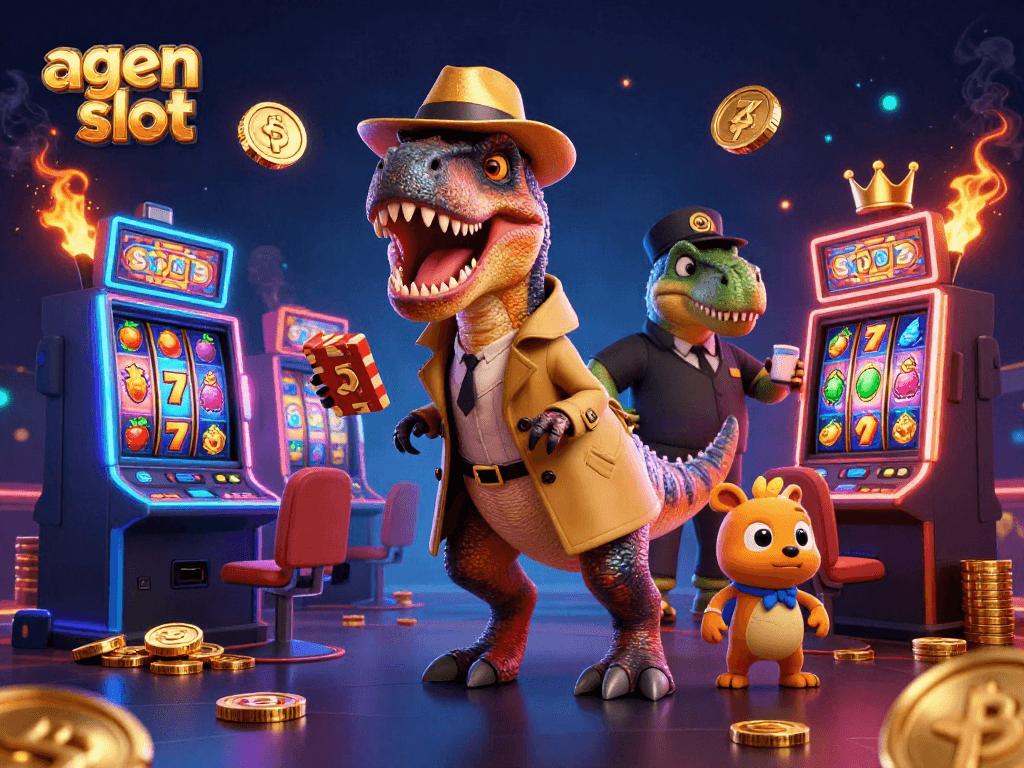 A thrilling agen slot scene with a velociraptor card counter and a stegosaurus pit boss at a busy slot machine.