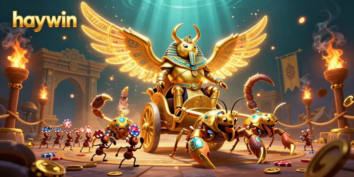 Haywin's dynamic casino scene showcasing a colossal golden scarab beetle among vibrant gaming elements.
