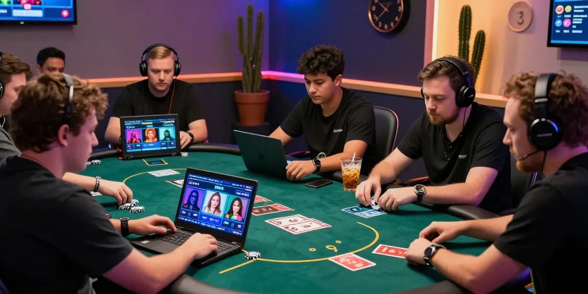 Login Domino88 experience with diverse players engaging in online poker game at virtual table, colorful avatars and snacks creating a lively atmosphere.