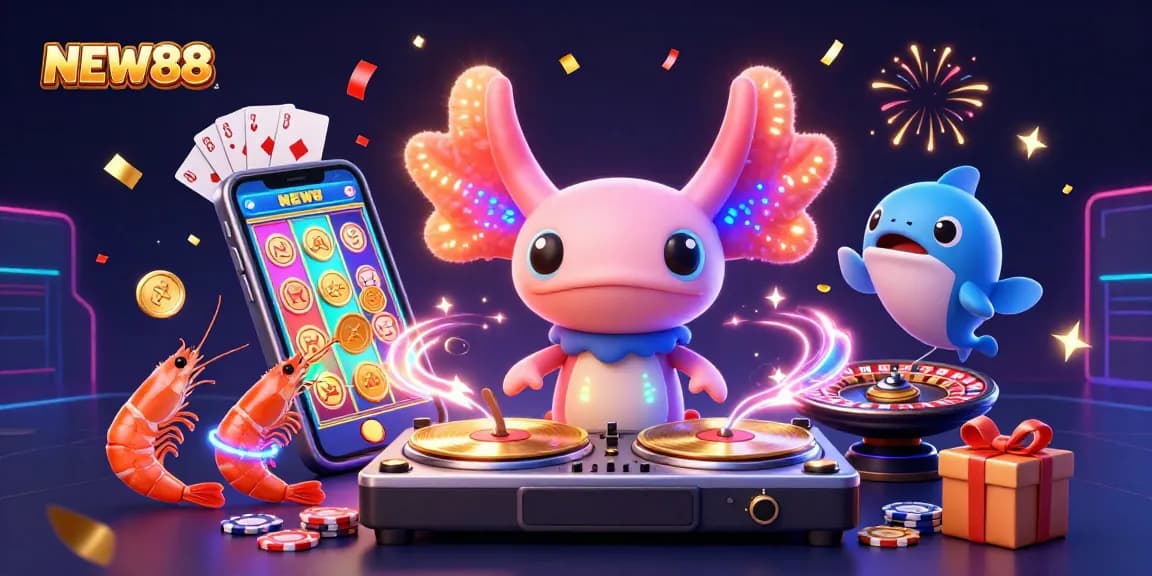 Experience the vibrant world of NEW88 with a neon-colored axolotl DJ and dynamic casino elements.