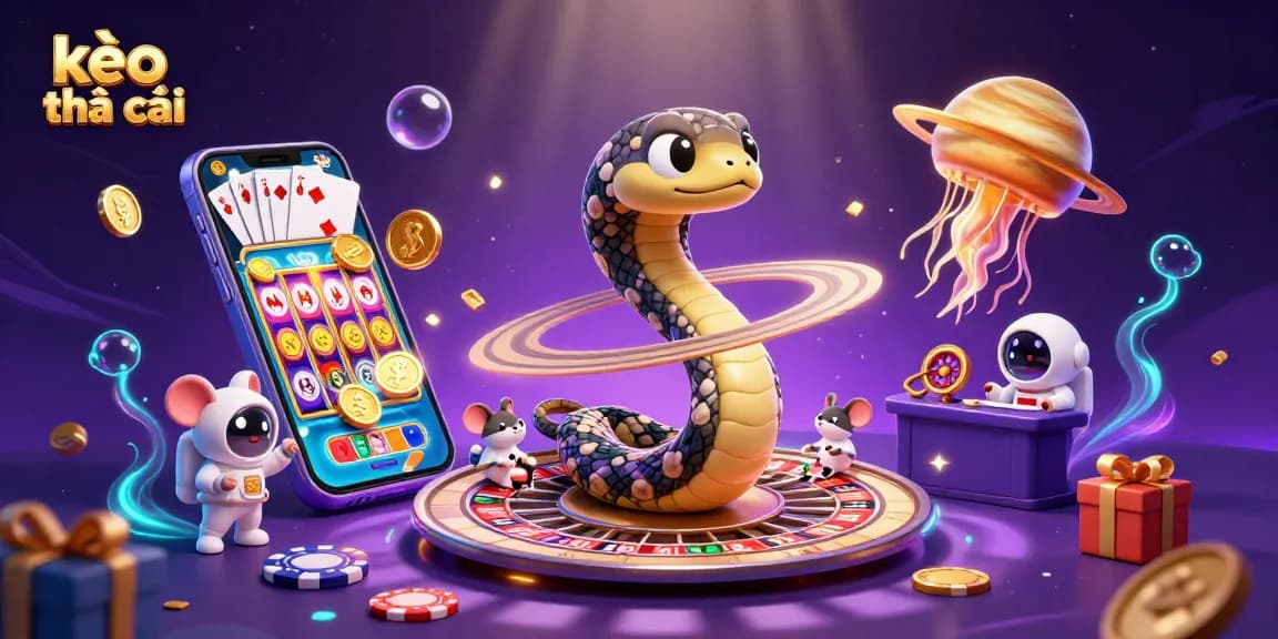 Kèo nhà cái illustration depicting a Saturn ring snake as a roulette wheel with astronaut mice betting, vibrant cosmic scene.