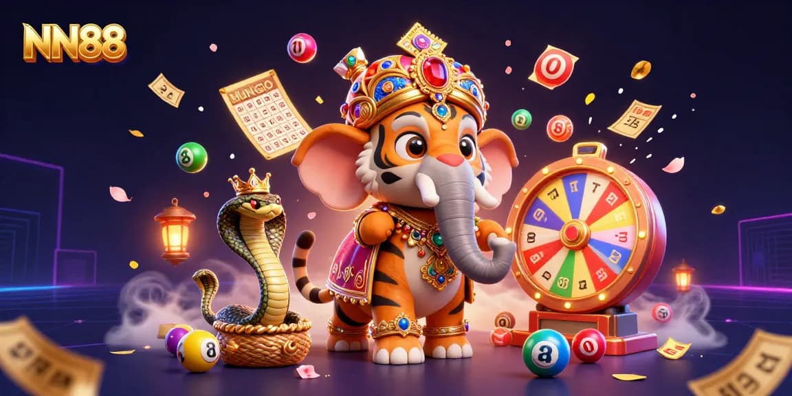Immerse in NN88's vibrant gaming world with dynamic golden bingo cards and colorful lottery balls.
