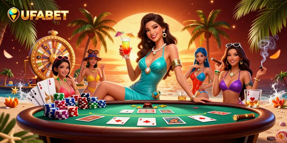 Experience thrilling games at UFABET with a glamorous Asian woman in a vibrant casino setting.