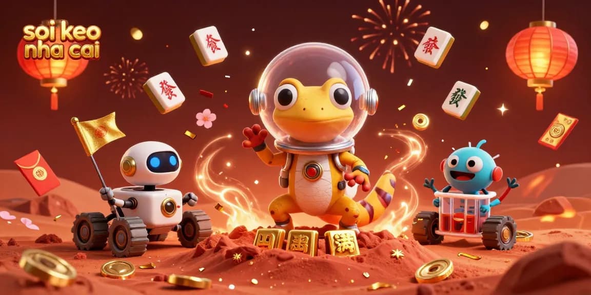 Engage with soi keo nha cai showcasing dynamic Martian gecko exploring a golden casino with festive elements.