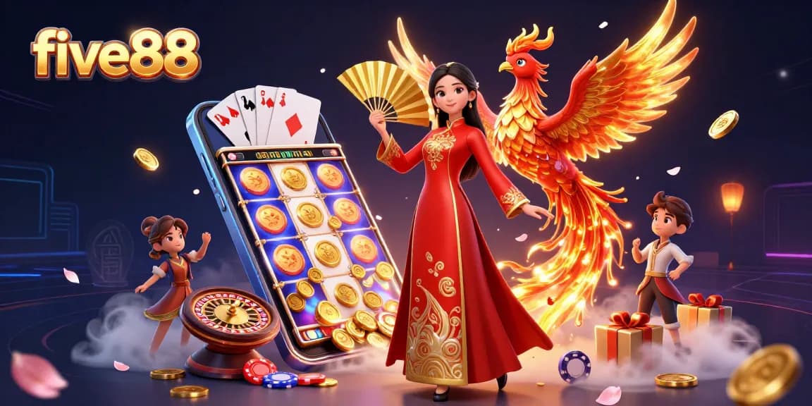 Win big with five88: a vibrant casino scene filled with golden coins and slot games