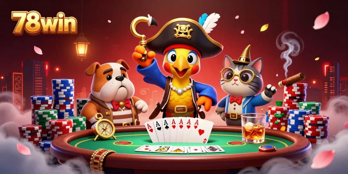 Experience excitement with 78win's dynamic poker scene featuring cartoon characters and vibrant elements.