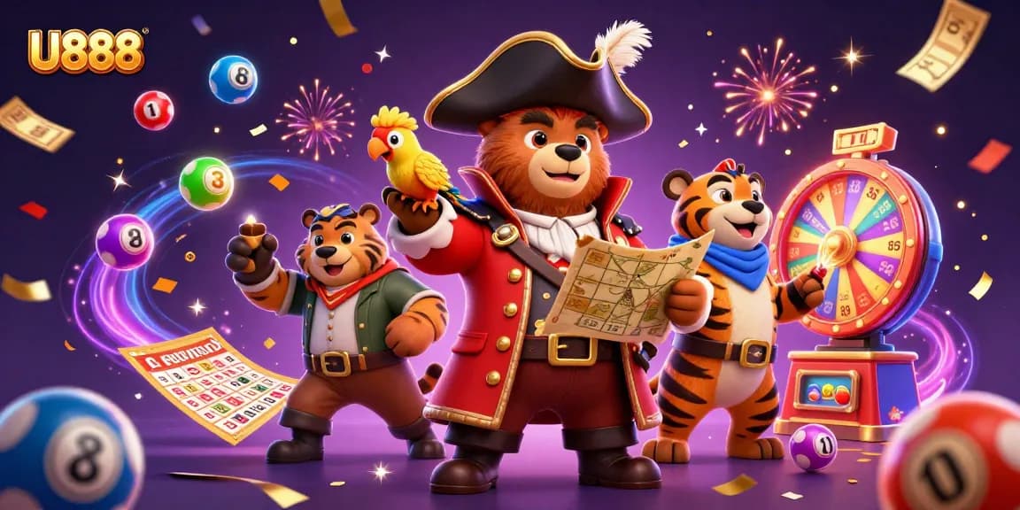 Experience thrilling winnings with U888's dynamic lottery balls, golden tickets, and fun characters.