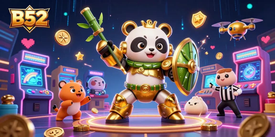 B52 gaming illustration with a mech-suit panda and arcade machines generating thrilling casino excitement.