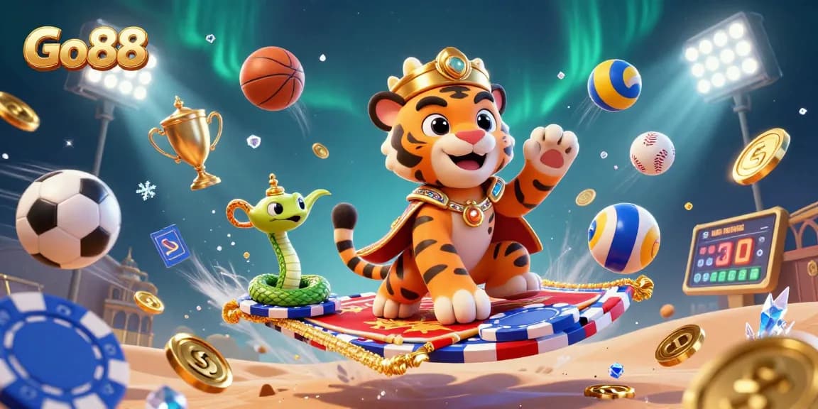 Go88 showcases an exciting casino scene with a tiger sultan on a magic carpet, surrounded by sports balls, trophies, and vibrant casino elements.