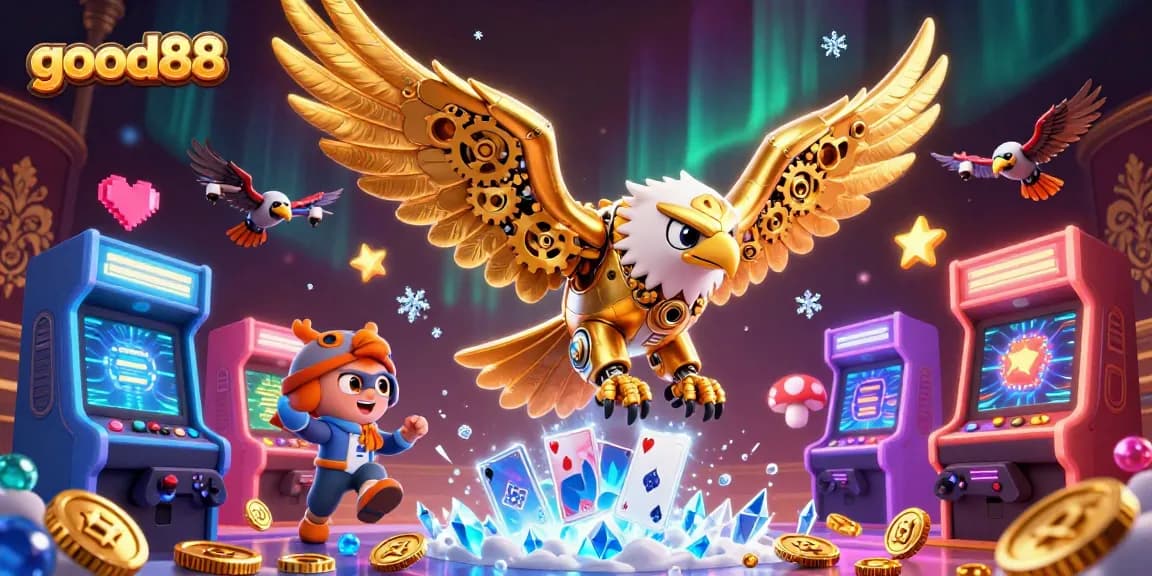 Engage with good88's thrilling casino experience showcasing a vibrant cybernetic eagle and arcade games.