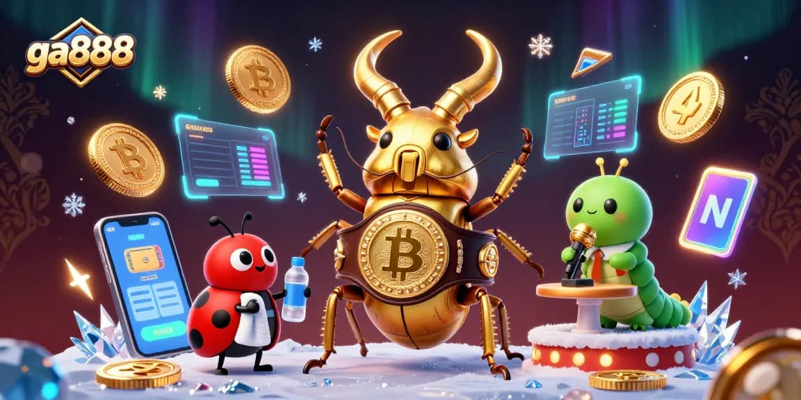 Experience ga888 with a vibrant casino scene featuring glowing crypto coins and dynamic characters.