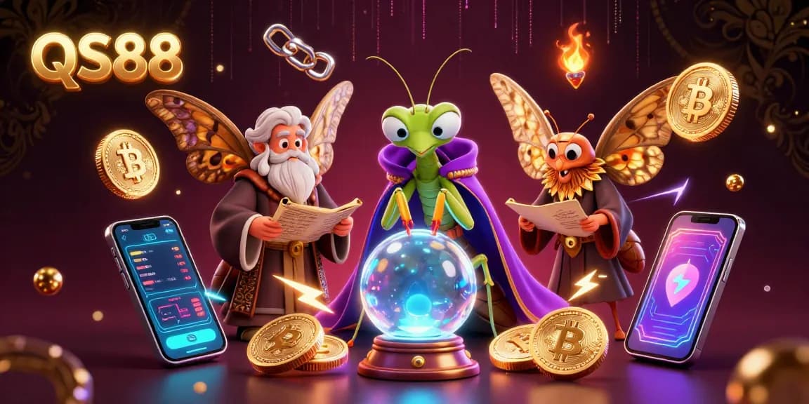 Players engage thrillingly with QS88's fortune teller scene, surrounded by glowing cryptocurrency elements and mystical motifs.